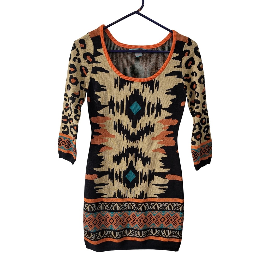 Flying‎ Tomato Womens Small Knit Dress Orange Aztec Leopard Print Bold Dopamine